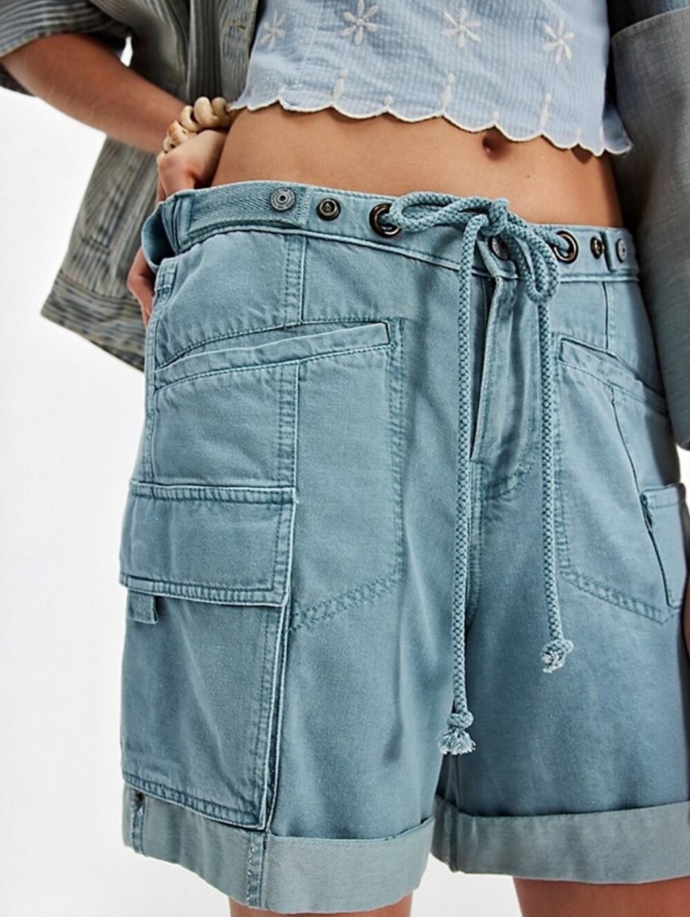 Free People Blue Frankie Washed Cargo Shorts, XL, NWOT Boho Utility Coastal